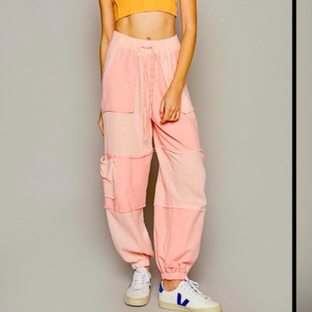 POL Pink color block cotton French terry gauze distressed drawstring joggers NEW - Picture 4 of 16